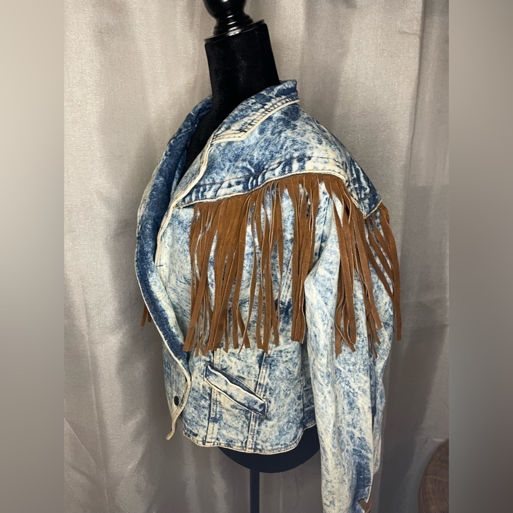 Vintage Winlit Acid Wash Denim Jacket Leather Fringe Large​​​​​​​​​​​​​